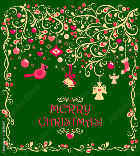 Green craft traditional Christmas card with gold mistletoe decoration and hanging red toys.eps