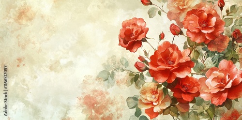 An Exquisite Vintage Painting of a Bountiful Arrangement of Red Roses with Delicate Yellow Accents