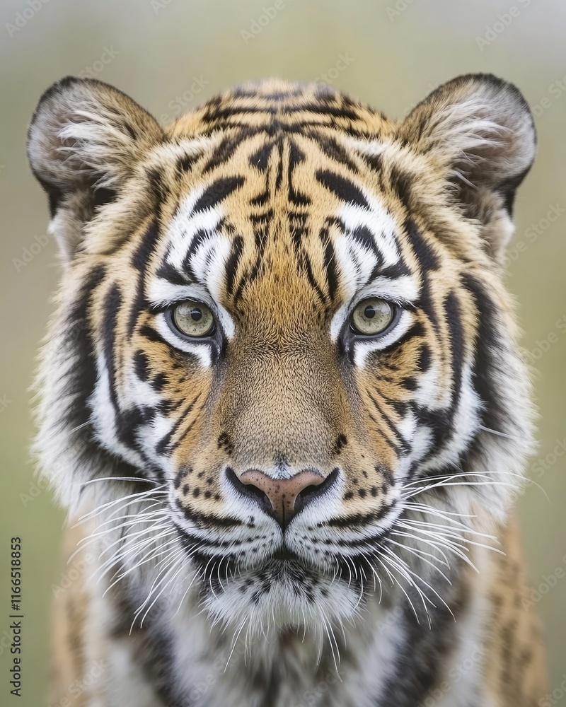 Fototapeta premium A close-up of a tiger's face showcasing its striking features and intense gaze.