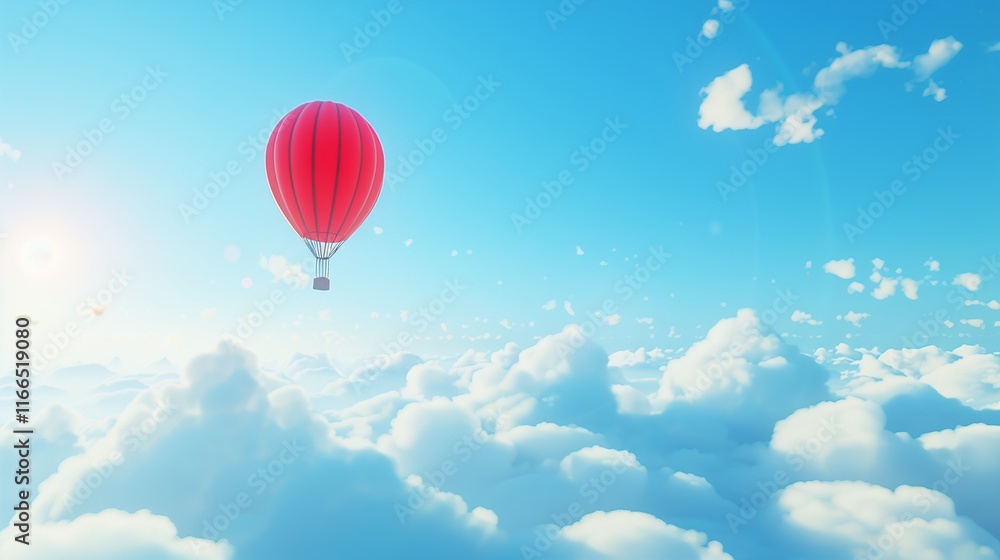 Fototapeta premium A solitary vibrant red hot air balloon drifting in a clear blue sky, with soft clouds scattered around it and the sun casting warm light on the scene.