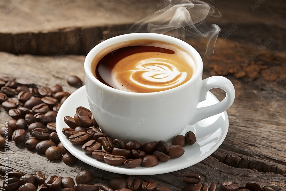 Cup of steaming coffee with coffee beans on a rustic wooden background. Cup of steaming coffee with coffee beans on a rustic wooden background.