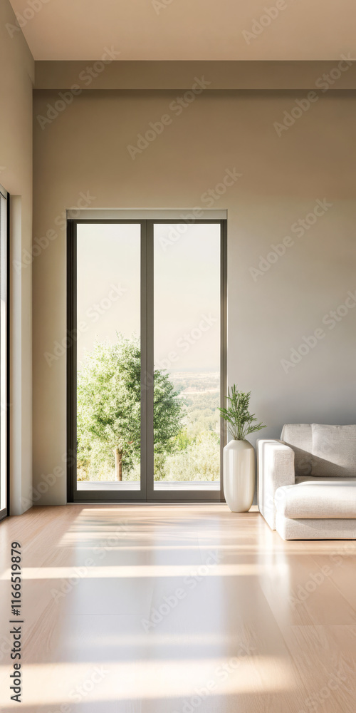 Modern living room with large windows showcasing a serene natural landscape Modern living room with large windows showcasing a serene natural landscape