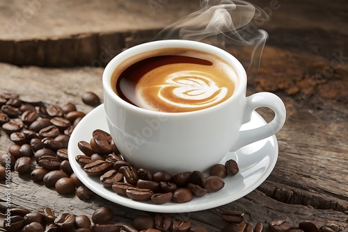 Cup of steaming coffee with coffee beans on a rustic wooden background.