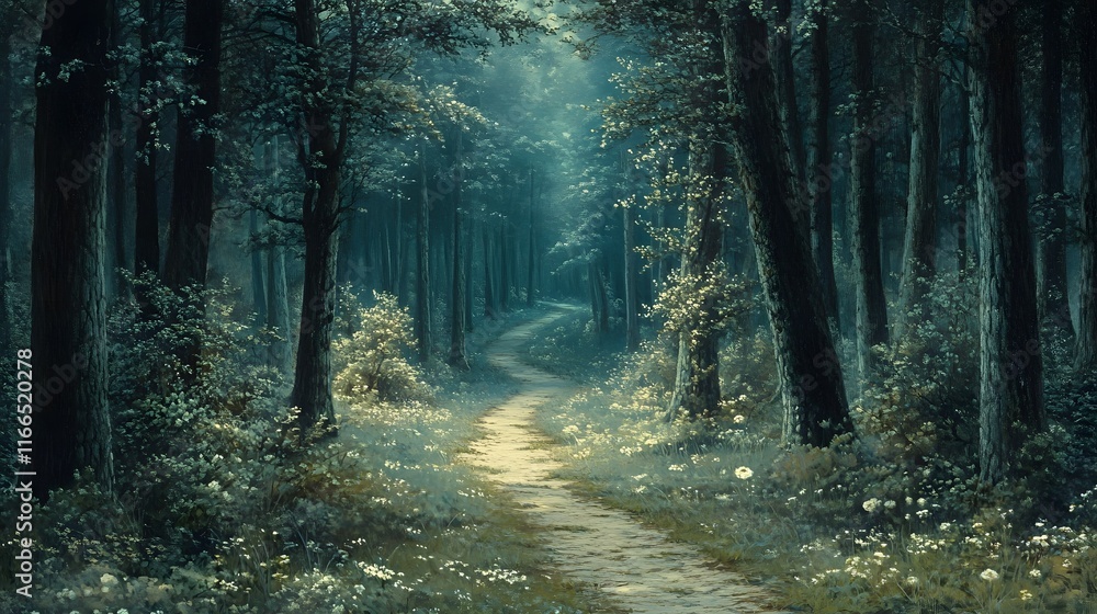 Obraz premium Serene forest pathway surrounded by lush greenery and soft morning light.