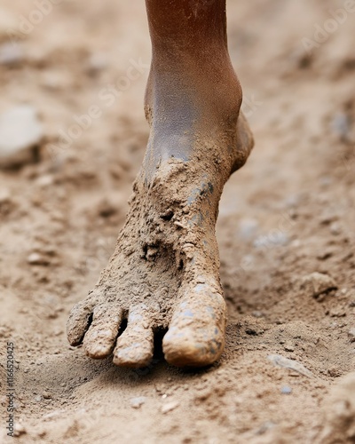 A close-up of a muddy foot on a dirt surface, highlighting environmental conditions.