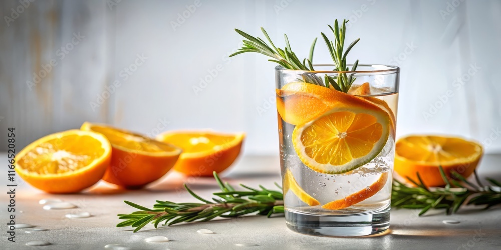 Fototapeta premium Long Exposure Photography: Refreshing Glass of Water with Orange & Rosemary