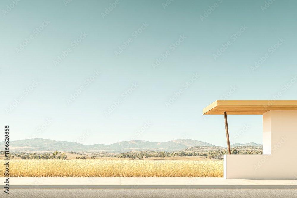 Obraz premium Landscape view of a minimalist building against a serene mountain backdrop during daylight