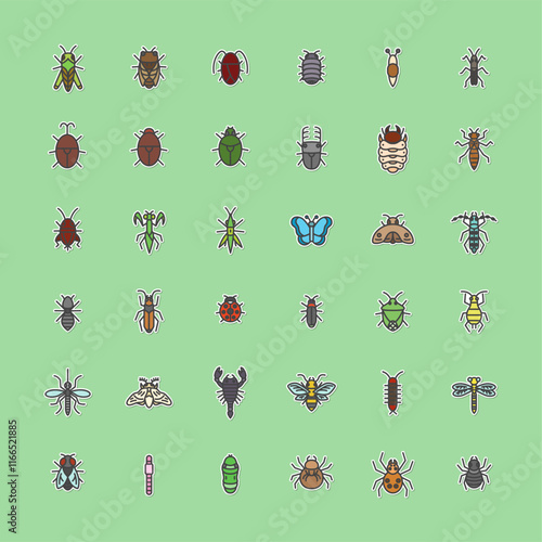 ステッカー風ミニ昆虫のイラストアイコンセット