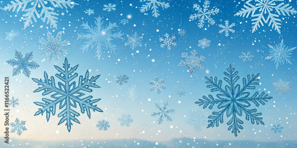Snow Flakes Background with Blue Snowflake, Evoking the Beauty of Winter's Chill Snow Flakes Background with Blue Snowflake, Evoking the Beauty of Winter's Chill