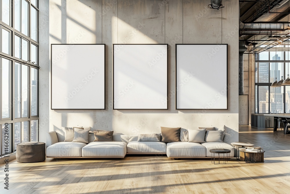 Fototapeta premium Spacious loft with blank canvases, sunlight, and modern design