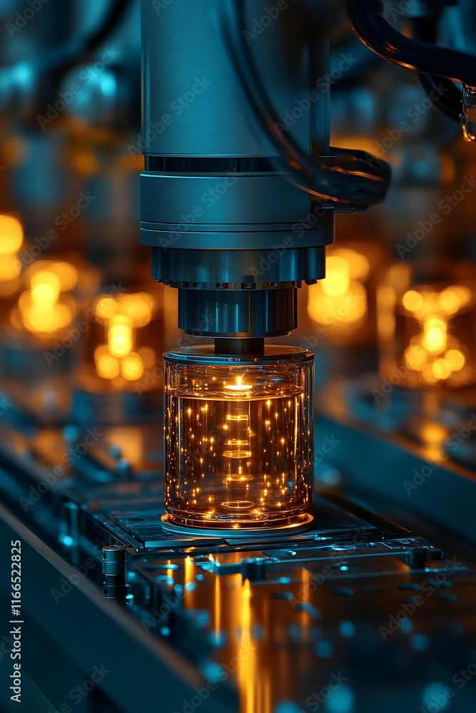 Automated robotic arm assembling glowing glass containers on a production line. Automated robotic arm assembling glowing glass containers on a production line.