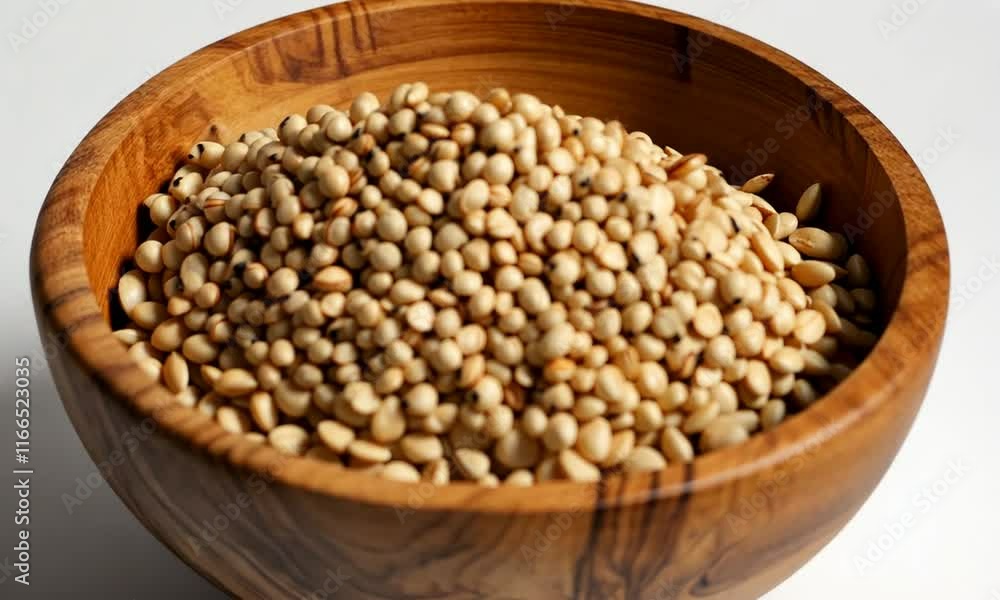 A wooden bowl filled with light-colored seeds, likely used for cooking or seasoning. A wooden bowl filled with light-colored seeds, likely used for cooking or seasoning.