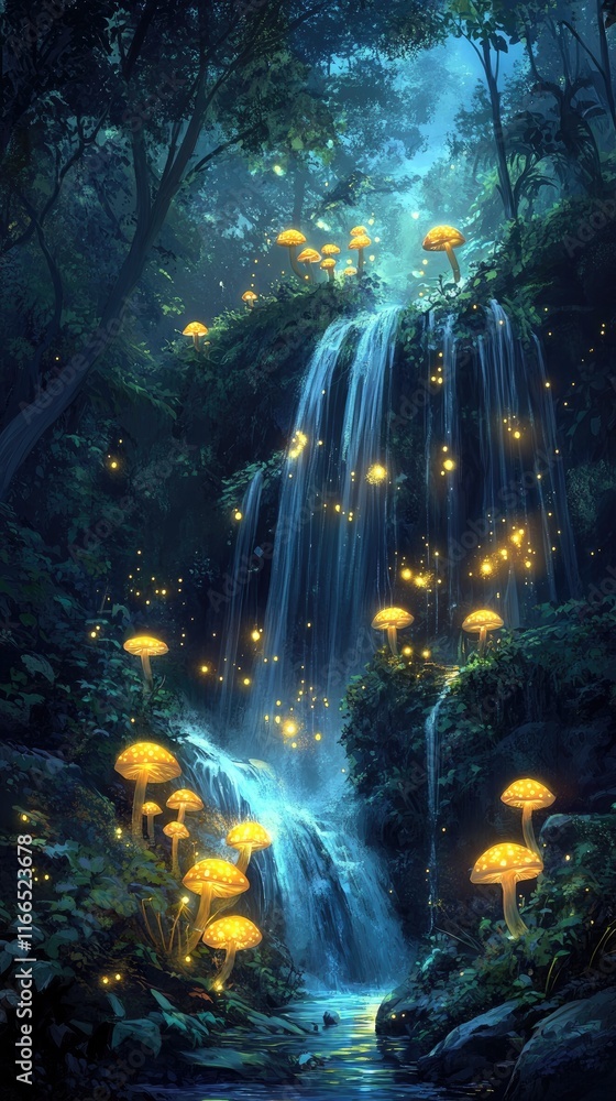 Enchanted Waterfall Glowing Mushrooms Night Forest Scene Enchanted Waterfall Glowing Mushrooms Night Forest Scene