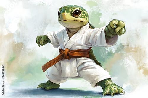 A turtle in a karate gi poses confidently, showcasing martial arts spirit and determination. photo