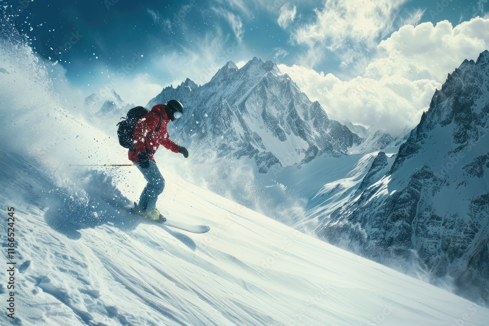 High Quality Image of Young Man Snowboarding Down the Slope in Alpine Mountains During Winter High Quality Image of Young Man Snowboarding Down the Slope in Alpine Mountains During Winter