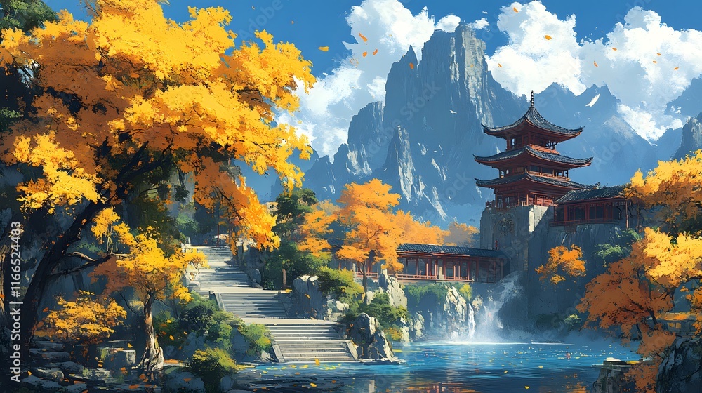 Obraz premium Serene autumn landscape with a traditional pagoda amidst vibrant orange foliage.