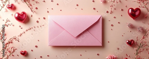 A beautiful Valentines Day template with a pink envelope illustration, elegant decorations, and a banner design for a special love message