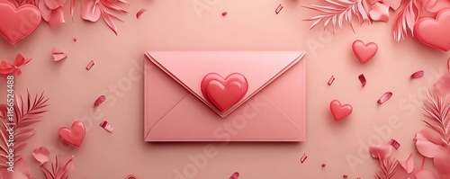A beautiful Valentines Day template with a pink envelope illustration, elegant decorations, and a banner design for a special love message