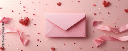 A beautiful Valentines Day template with a pink envelope illustration, elegant decorations, and a banner design for a special love message