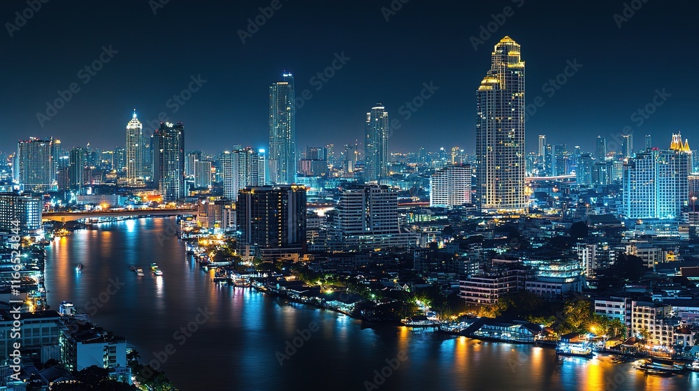 Fototapeta premium Urban Night Cityscape of Bangkok Skyline with Reflections