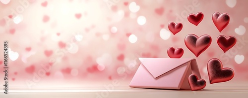 A cute pastel Valentines Day background with red and pink hearts, a pink envelope, and a loving banner, perfect for a poster or flyer design