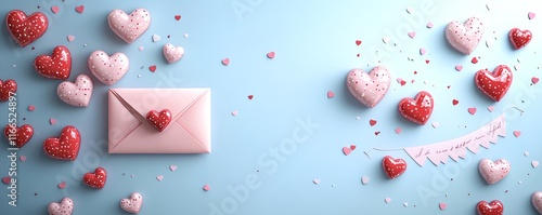 A cute pastel Valentines Day background with red and pink hearts, a pink envelope, and a loving banner, perfect for a poster or flyer design