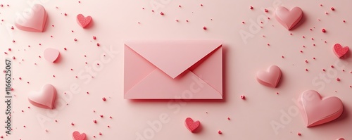 A cute Valentines Day template with a pink envelope illustration, soft colors, and a banner design ideal for lovefilled content and messages