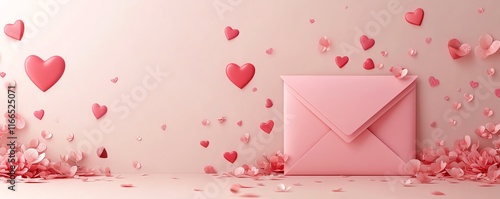 A cute Valentines Day template with a pink envelope illustration, soft colors, and a banner design ideal for lovefilled content and messages