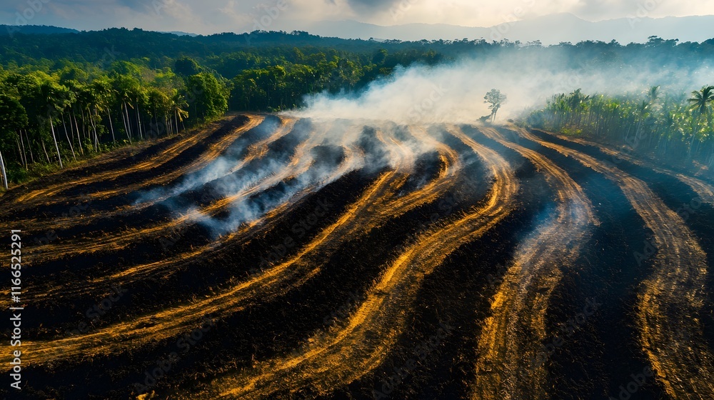 Fototapeta premium Aerial view of smoky agricultural land with lush greenery in the background.