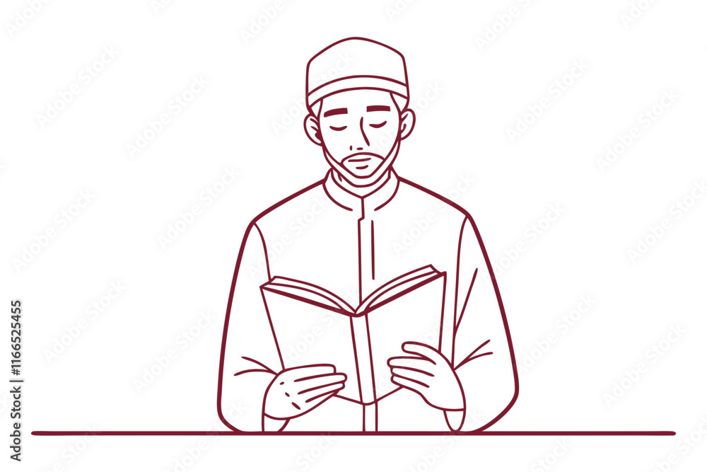 Peaceful Quran Recitation by Muslim Man. Line Drawing Vector Art Peaceful Quran Recitation by Muslim Man. Line Drawing Vector Art