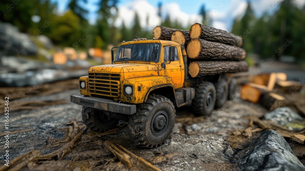 A yellow logging truck carrying logs in a forested area. A yellow logging truck carrying logs in a forested area.