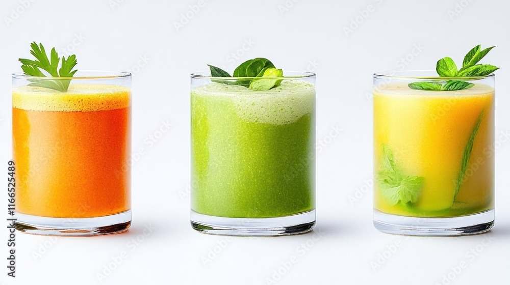 Fototapeta premium Three colorful juices in glasses, showcasing vibrant flavors.