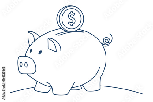 Creative Piggy Bank with Dollar Coin - Vector Line Art Design