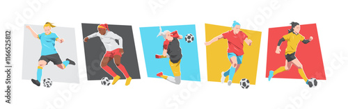 Set of female football players, soccer athlete. Isolated on white background. Flat graphic vector illustration.