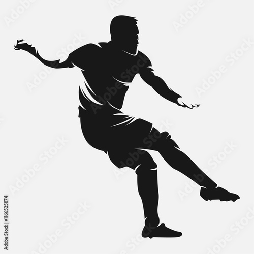 Silhouette of male football player, soccer athlete kicking the ball. Vector logo illustration.