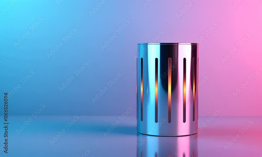 A metallic trash can against a colorful gradient background. A metallic trash can against a colorful gradient background.