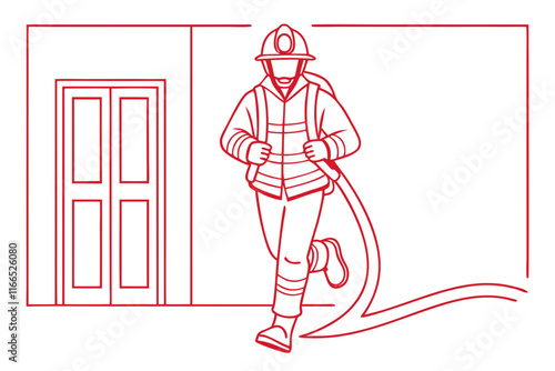 Dynamic Line Drawing of a Firefighter in Action – Vector Illustration