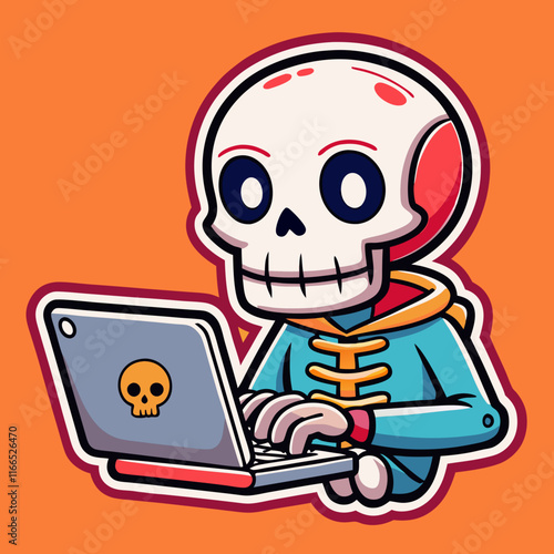 Skeleton working on a laptop