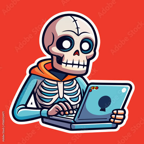 Skeleton working on a laptop