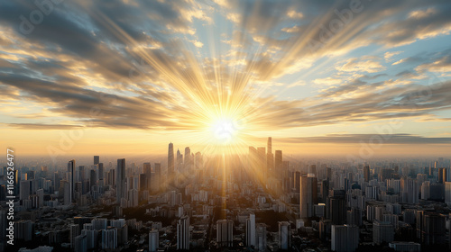 Fototapeta Naklejka Na Ścianę i Meble -  Breathtaking sunrise over city skyline, illuminating buildings with golden rays