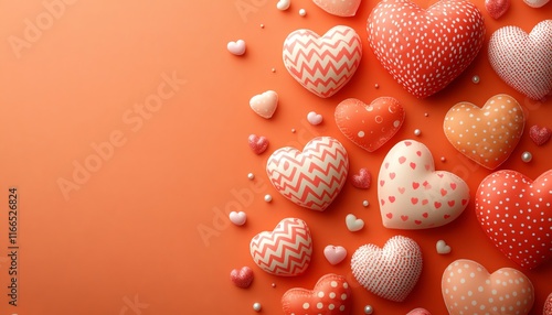 A sweet and vibrant Valentines Day background with pastel orange tones, red and pink hearts, and playful pattern decorations for a festive design
