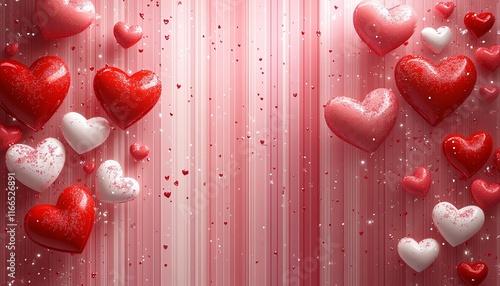 A sweet Valentines Day backdrop featuring red and pink hearts, striped patterns, and an inviting illustration banner template for a festive love theme