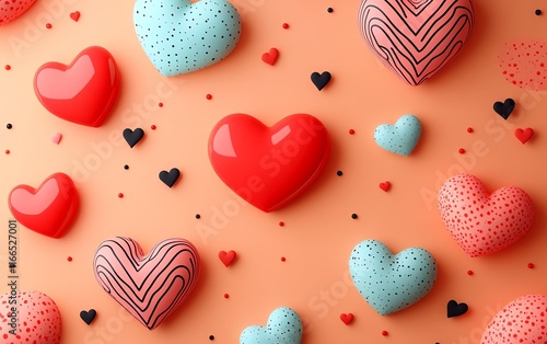 A sweet Valentines Day design with a pastel orange backdrop, red and pink hearts, and playful patterns, perfect for a lovethemed background