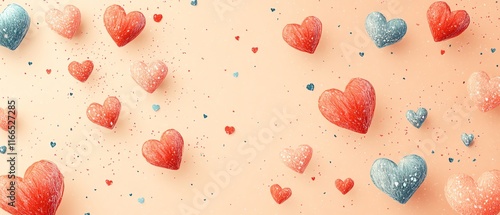 A whimsical Valentines Day design with a pastel orange background, red and pink hearts, and cute, lovethemed patterns to enhance the celebration