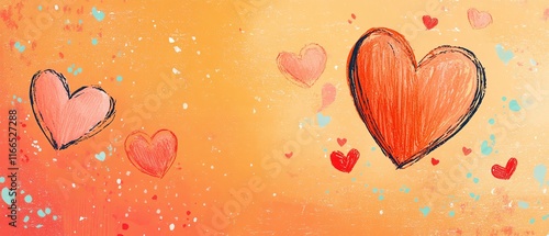 A whimsical Valentines Day design with a pastel orange background, red and pink hearts, and cute, lovethemed patterns to enhance the celebration