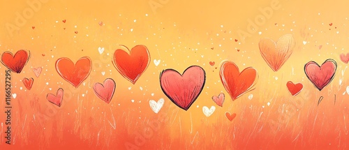 A whimsical Valentines Day design with a pastel orange background, red and pink hearts, and cute, lovethemed patterns to enhance the celebration