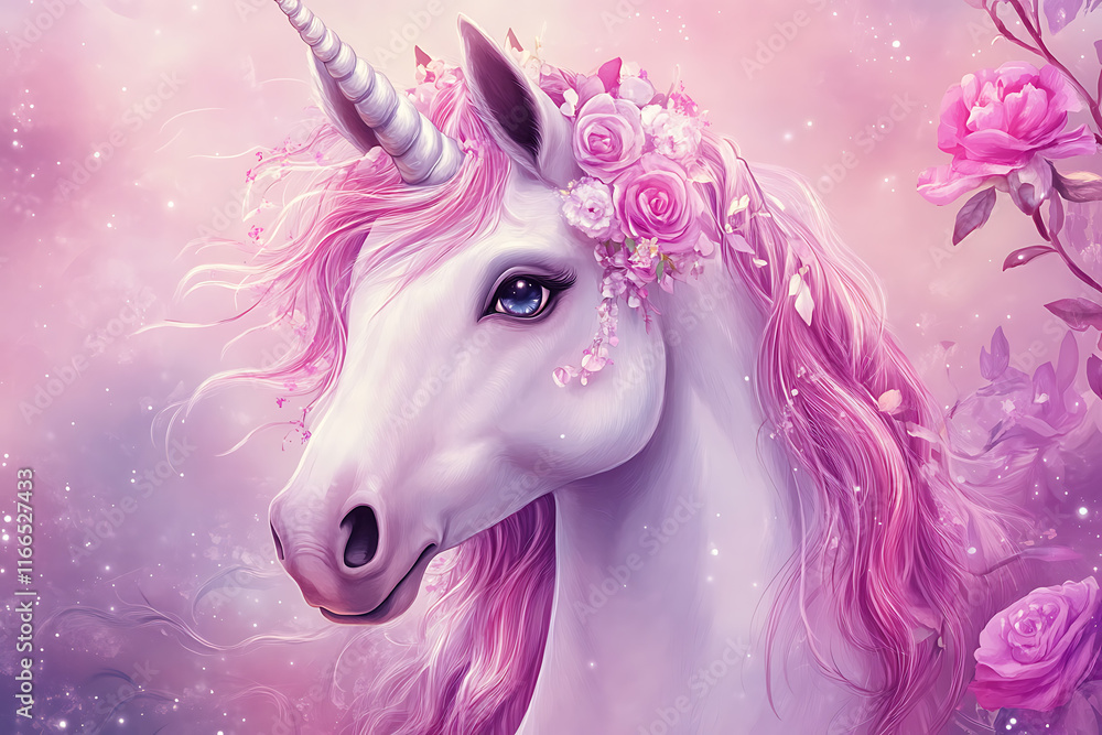 A beautiful unicorn with pink mane and floral adornments against a dreamy pastel background. A beautiful unicorn with pink mane and floral adornments against a dreamy pastel background.