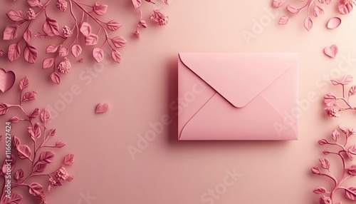 Valentines Day decoration featuring a pink envelope illustration, subtle patterns, and a banner template with space for a romantic message or greeting