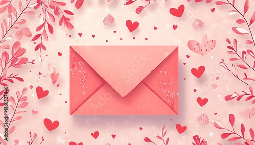 Valentines Day decoration featuring a pink envelope illustration, subtle patterns, and a banner template with space for a romantic message or greeting
