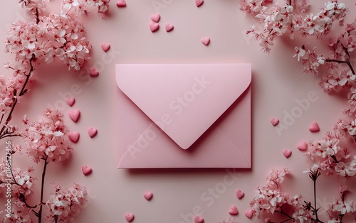 Valentines Day decoration template featuring a pink envelope, soft pastel colors, and a stylish banner template for a romantic theme or love note